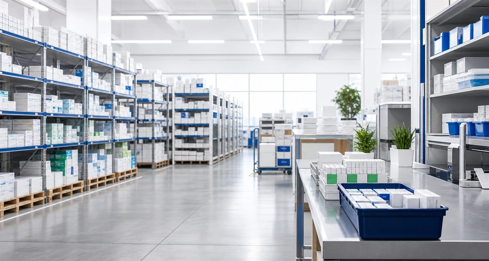 Clean pharmaceutical distribution warehouse with organized shelving and packing area